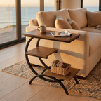 Verge C shaped side table beside a linen sofa