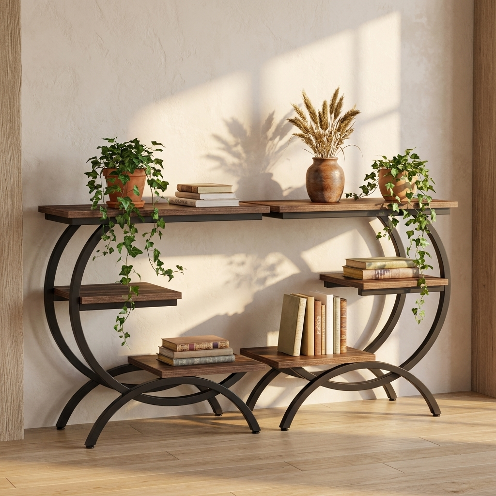 Two Verge side tables paired as one long console shelf against a plaster wall