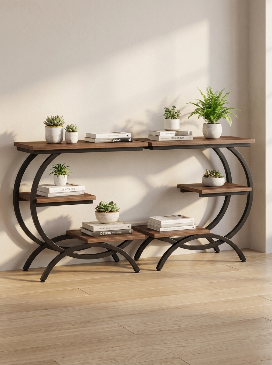 Two Verge side tables standing side by side forming one long three tier shelf
