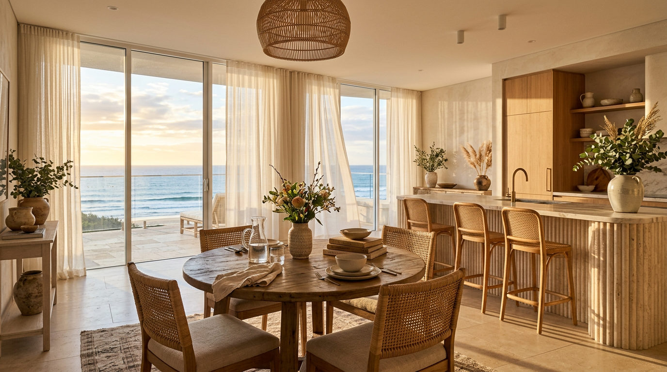 Warm sunlit dining and kitchen space