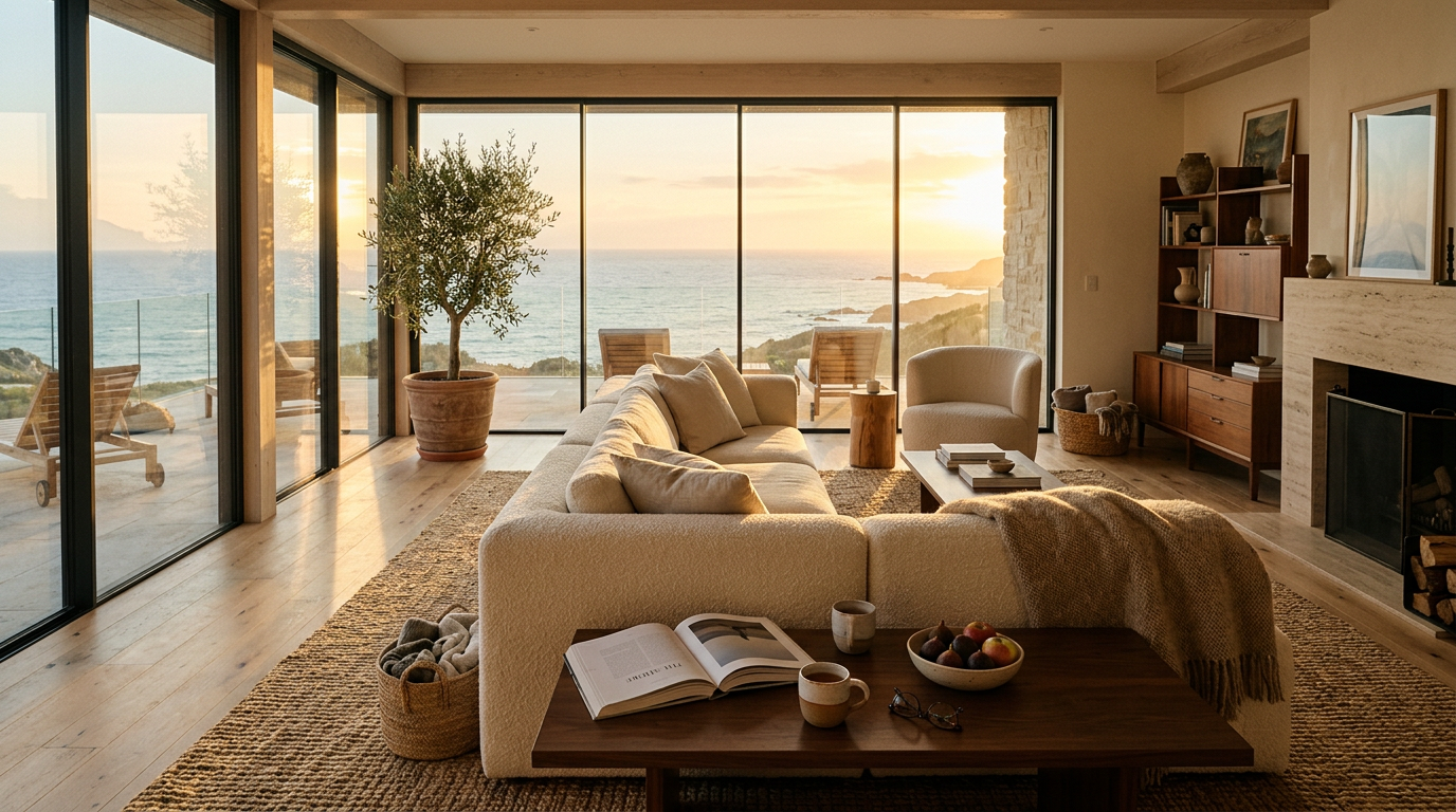 Sunlit open plan living room at golden hour