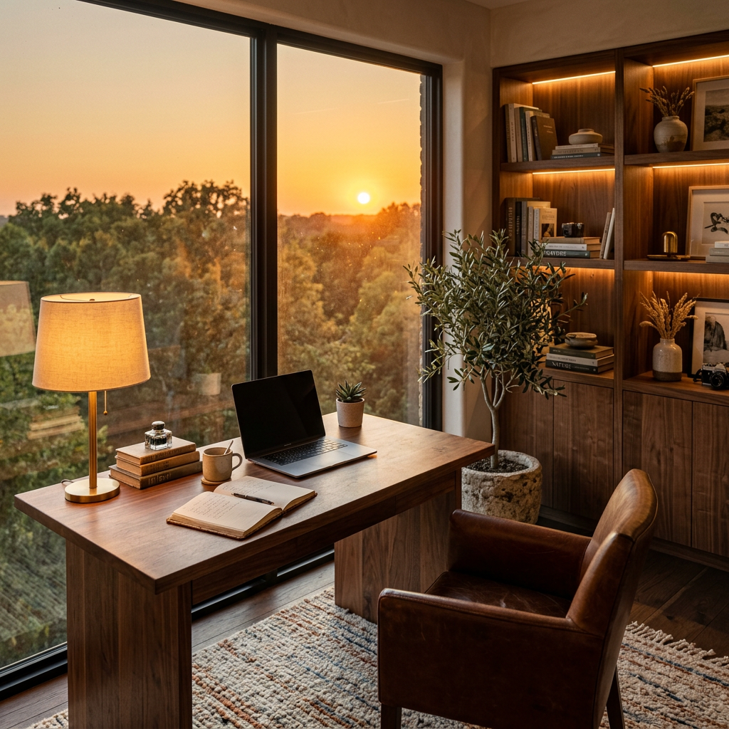 Warm lived in home office corner at sunset