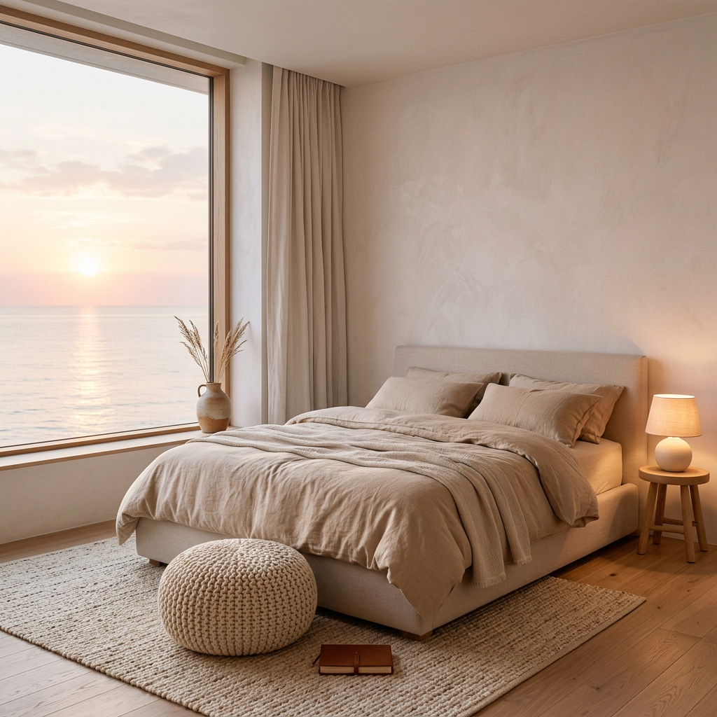 Serene bedroom at dawn with ocean view