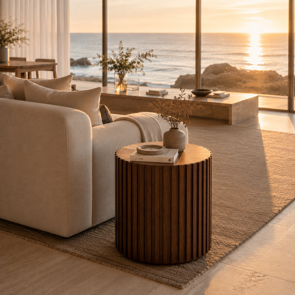 Spruce | 20 Inch Fluted Round Side Table Mid Century Modern Dark Walnut End Table